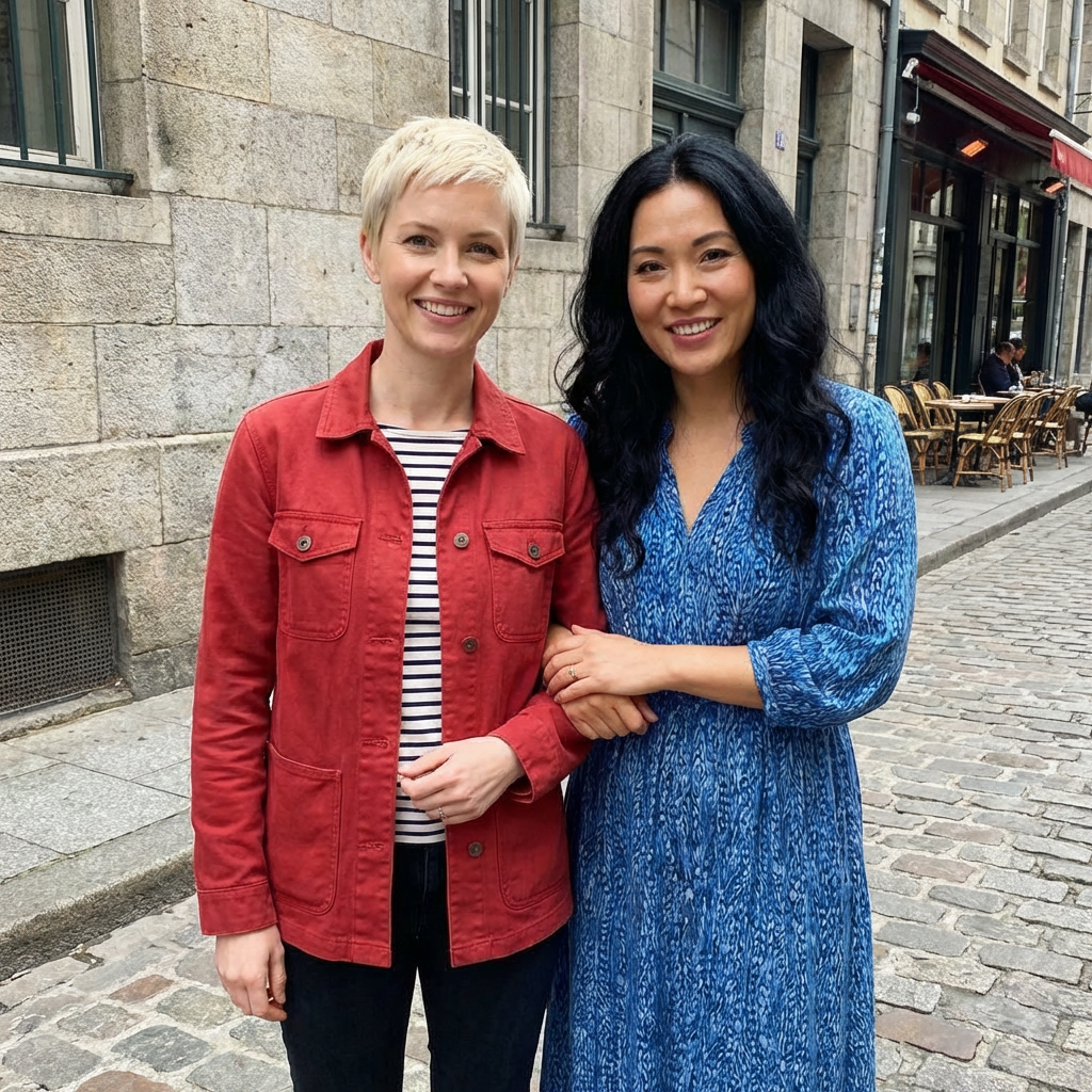 Two women standing side by side: one with short blonde hair 