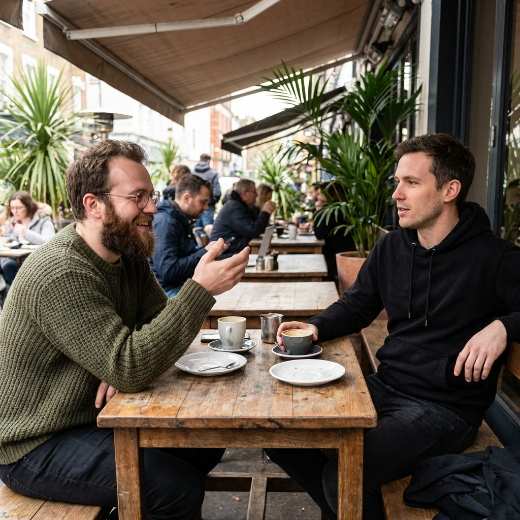 Two men at a cafe: one with a beard and glasses wearing a gr