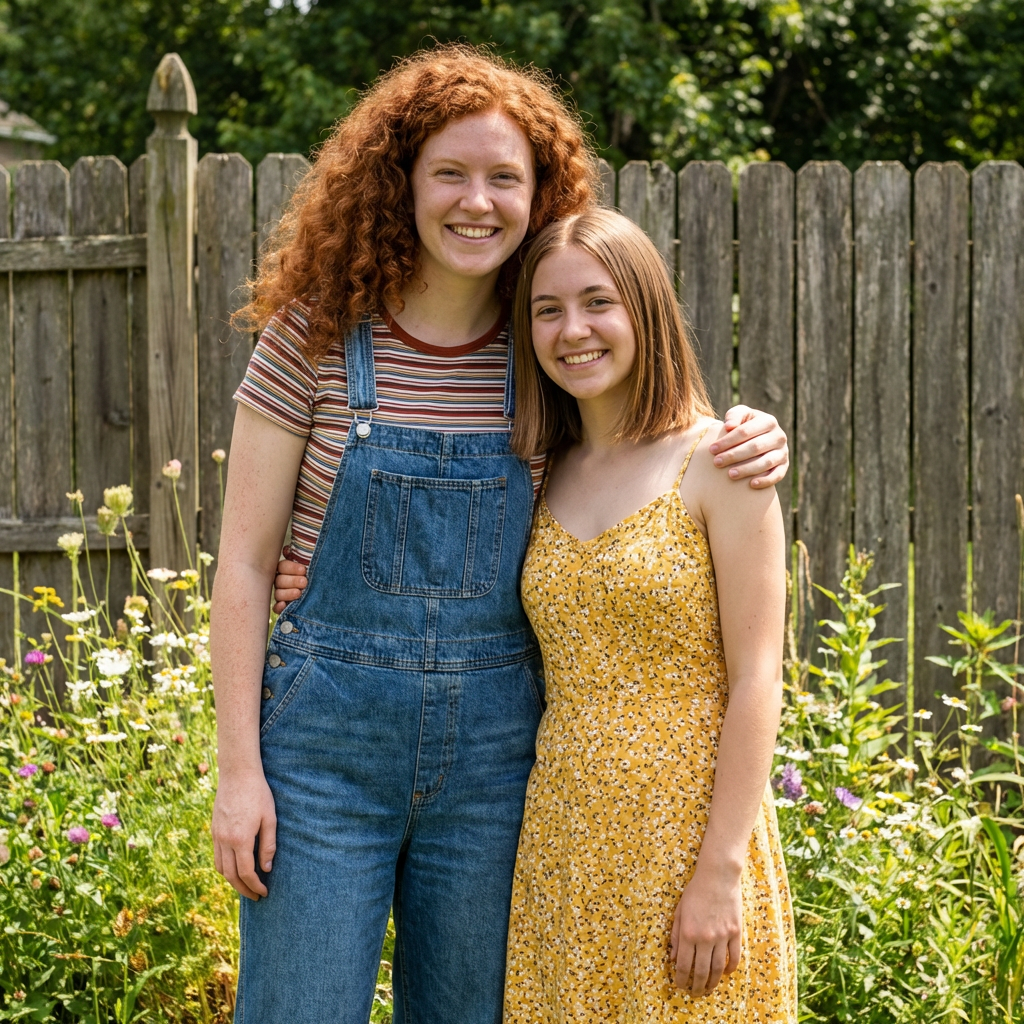 Two friends posing: one tall with curly red hair in denim ov