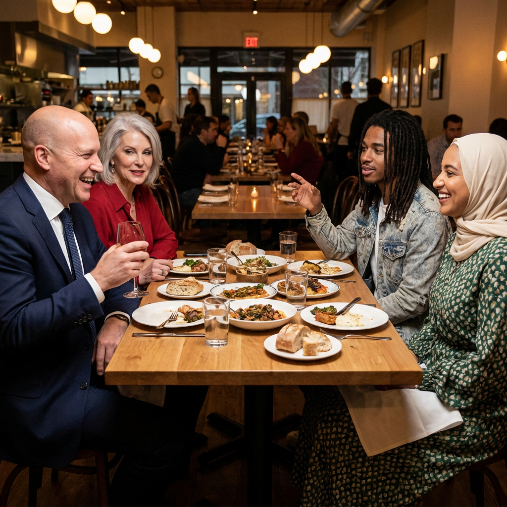 Four people at a dinner table: a bald man in a suit, a woman