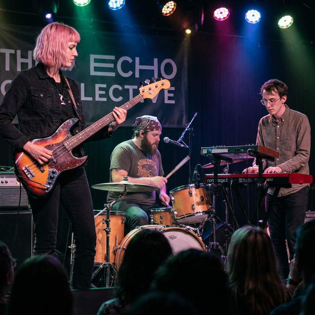 Three musicians on stage: a tall woman with short pink hair 