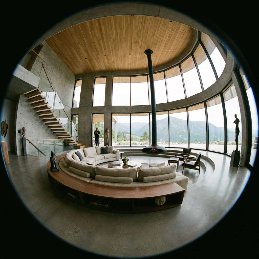 A wide-angle shot of a modern living room interior showing e