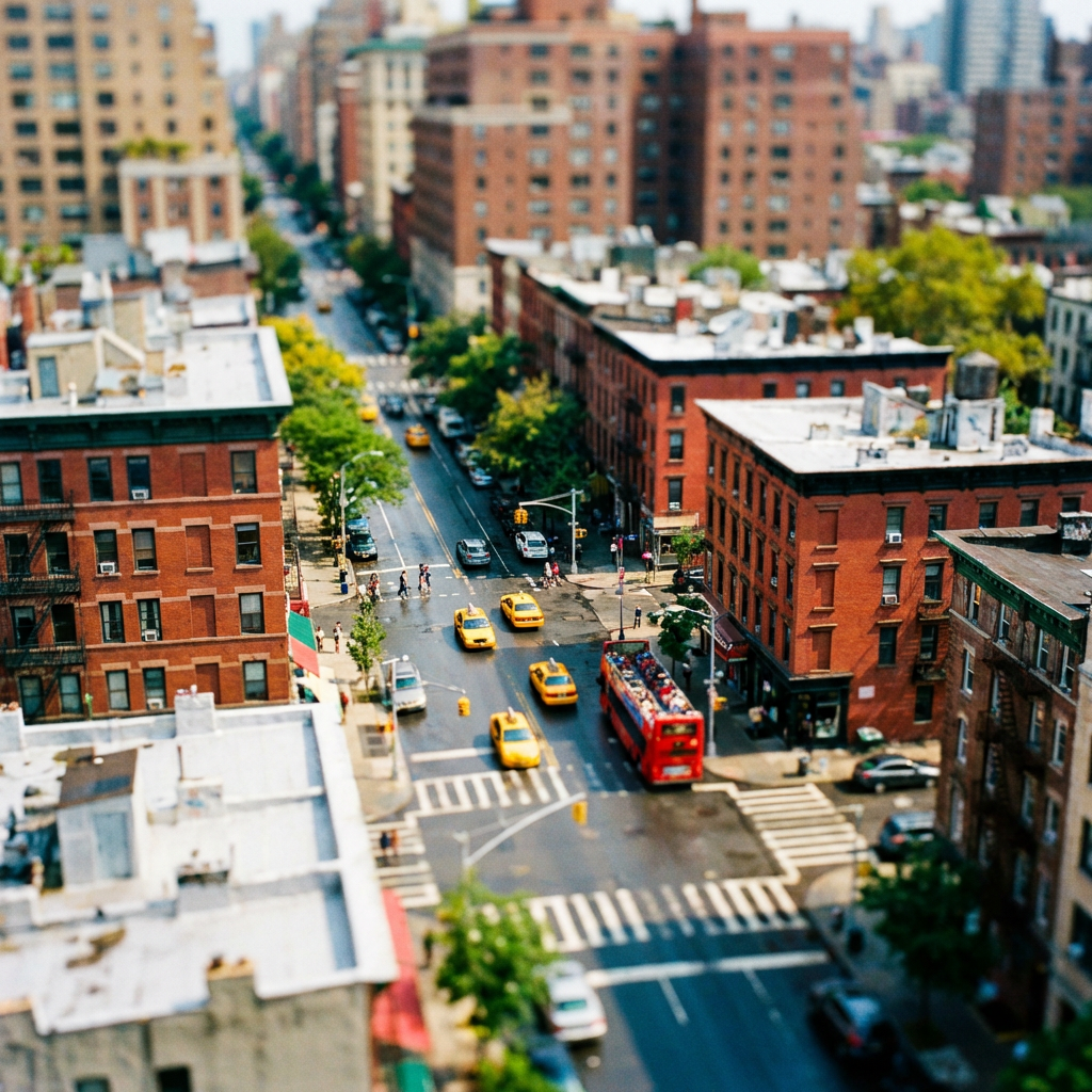 A tilt-shift photograph of a city street making real-life lo