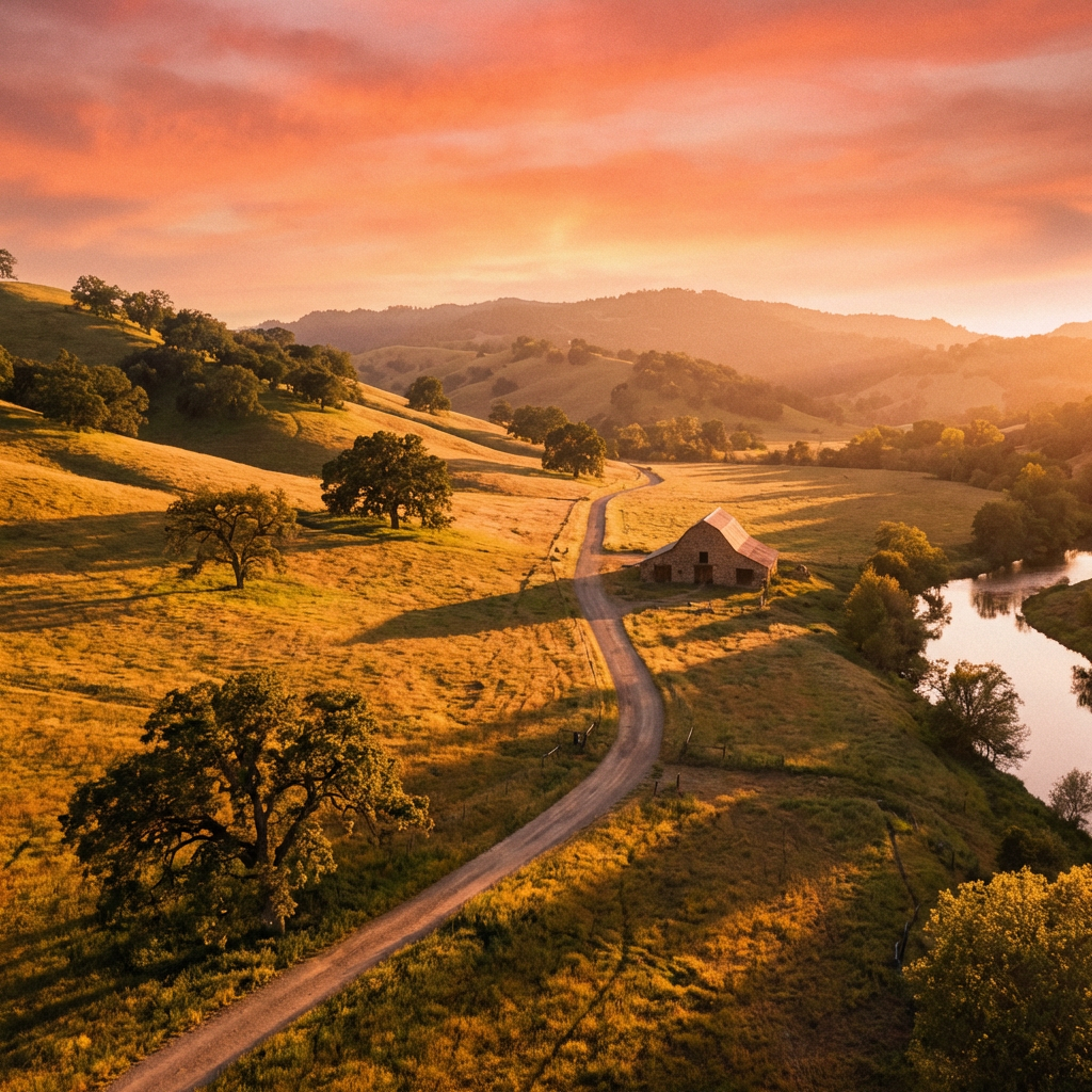 A landscape photograph bathed in golden hour light — long wa