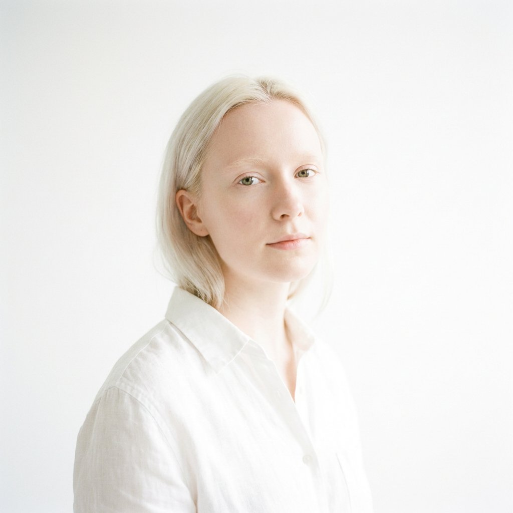 A high-key portrait of a person against a bright white backg