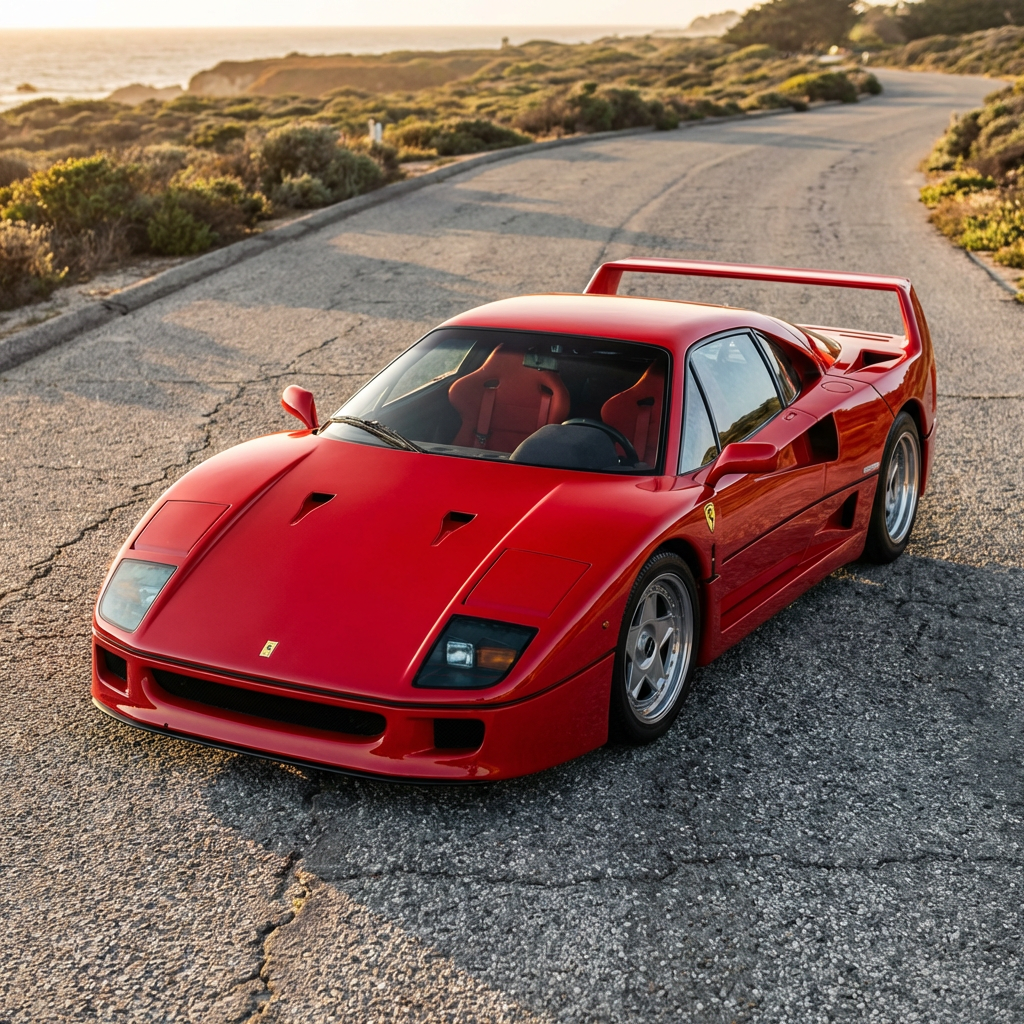 A bright red sports car parked on a gray asphalt road — the 