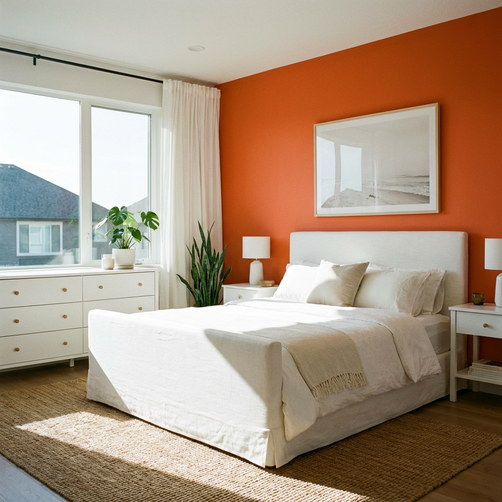 A bedroom wall painted in #FF6B35 (burnt orange) with white 