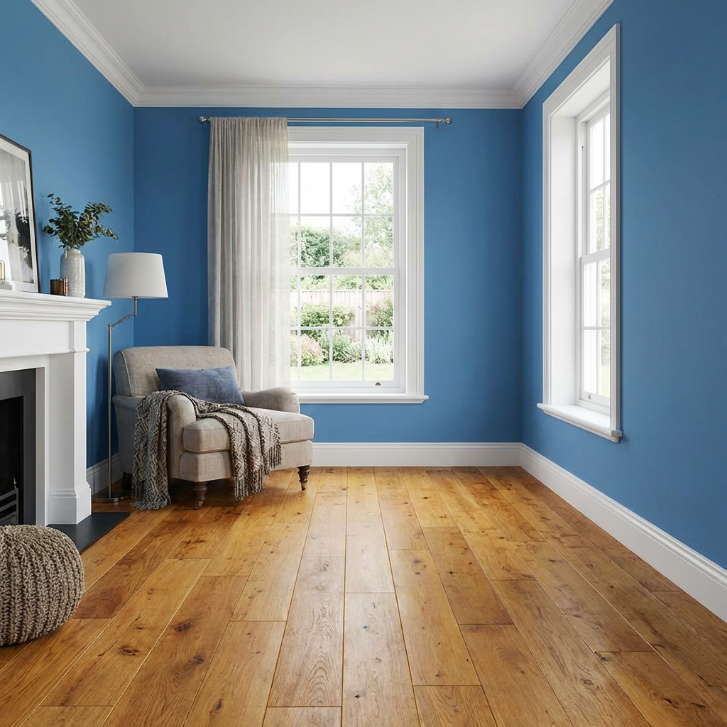 A room with walls in #4A90D9 (medium blue) with warm wooden 