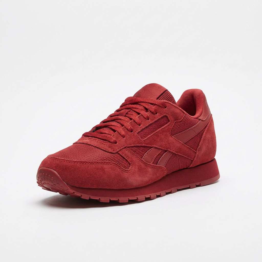 A single red sneaker on a clean white background with soft s