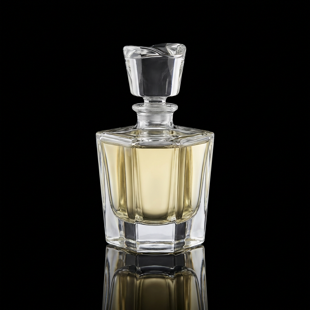 A clear glass perfume bottle on a reflective black surface w