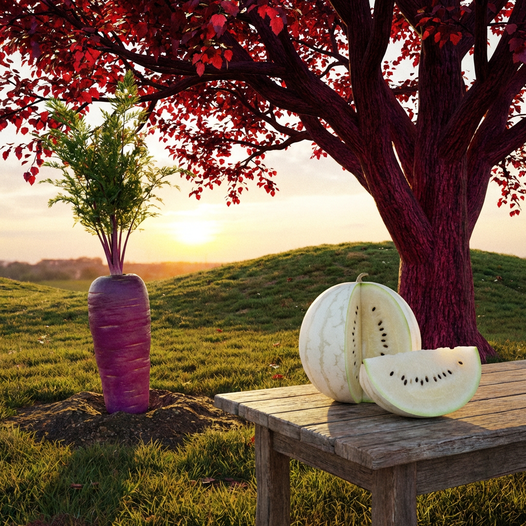A purple carrot, a red tree with red leaves, and a white wat