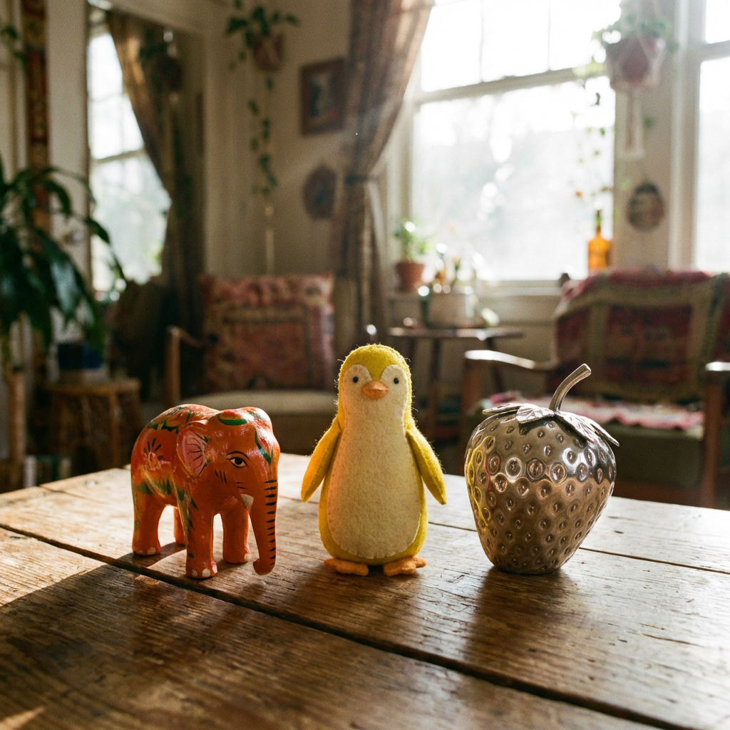 An orange elephant, a yellow penguin, and a silver strawberr