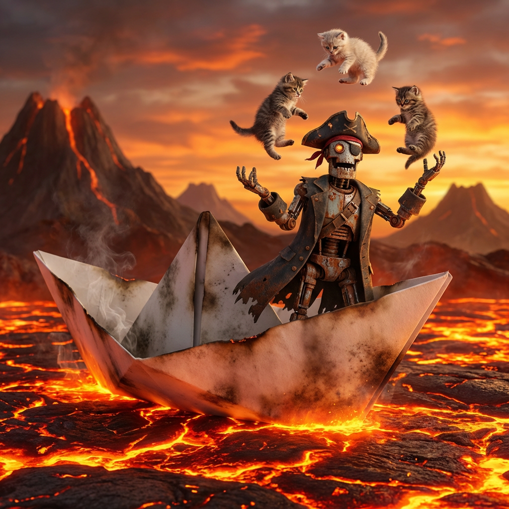 A robot dressed as a pirate sailing a paper boat on a lake o