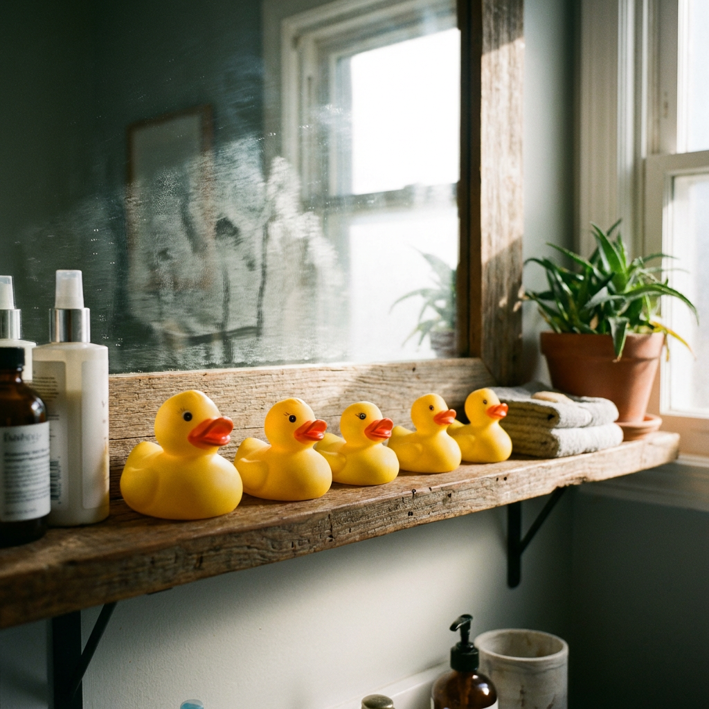 Exactly 5 yellow rubber ducks sitting in a row on a bathroom