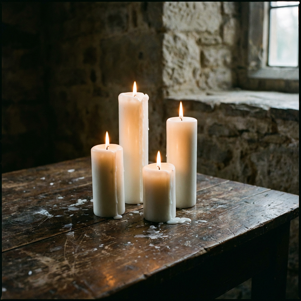 Exactly 4 white candles standing on a dark surface