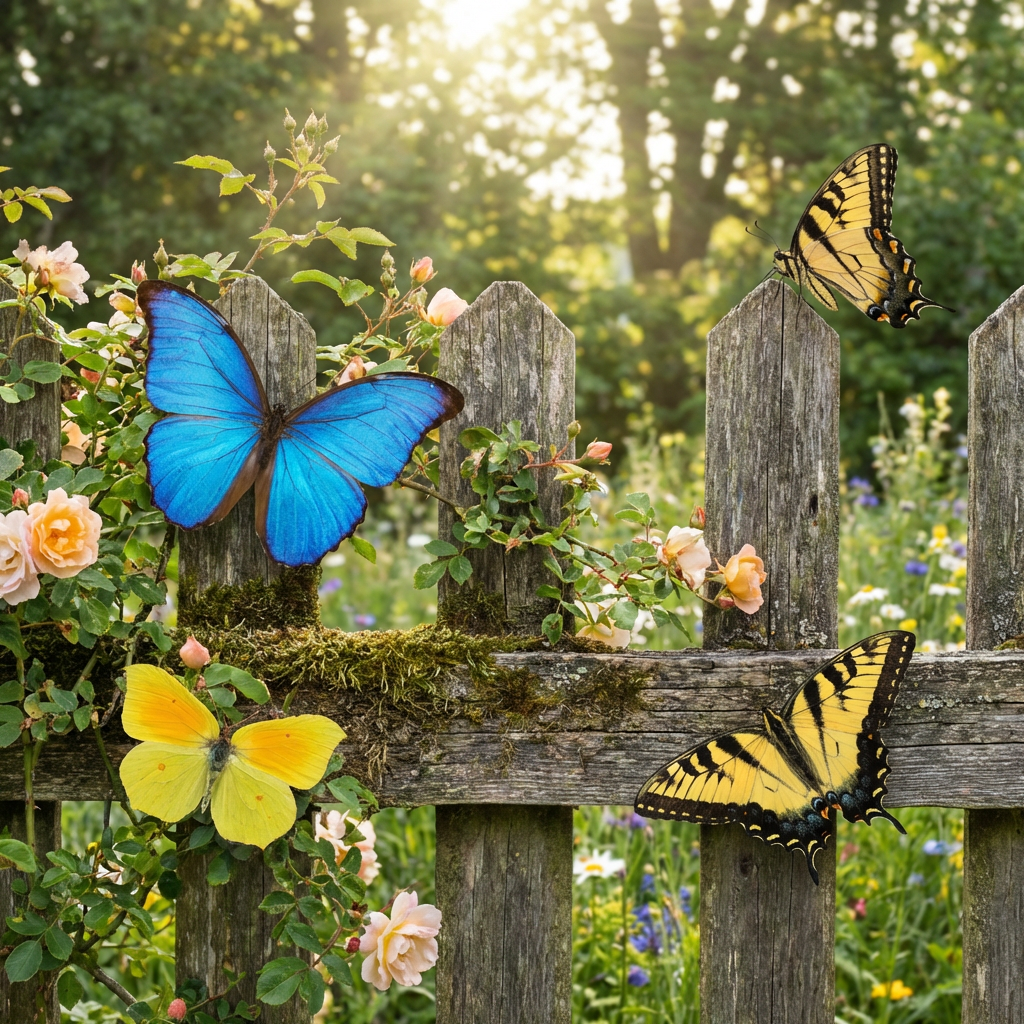 1 blue butterfly and 3 yellow butterflies resting on a garde