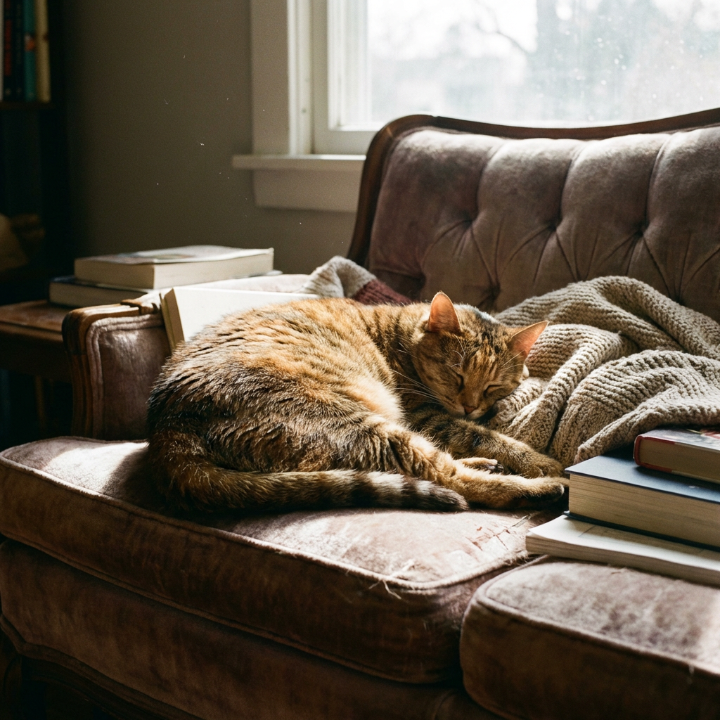 A cat lying on a couch without a collar