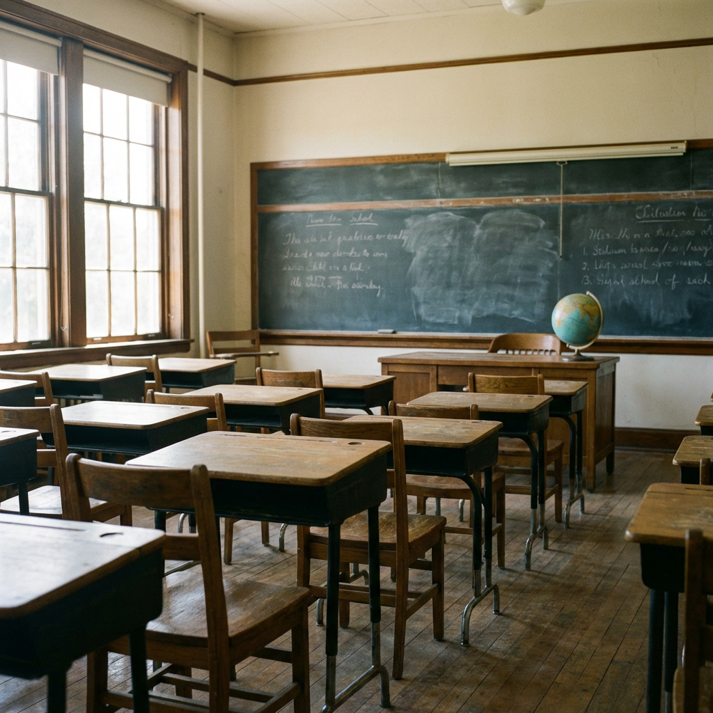 A classroom with desks and a chalkboard but no students
