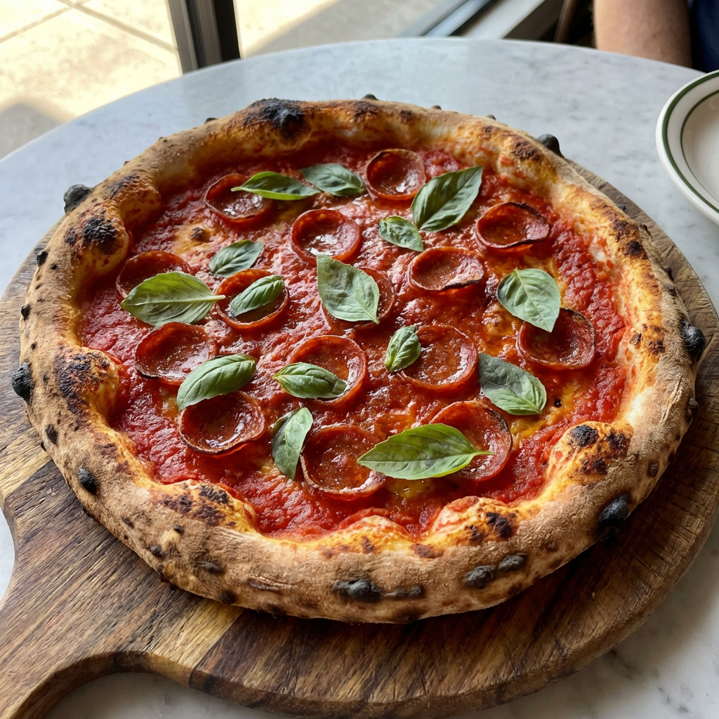 A pepperoni pizza with tomato sauce, basil, and crust but ab