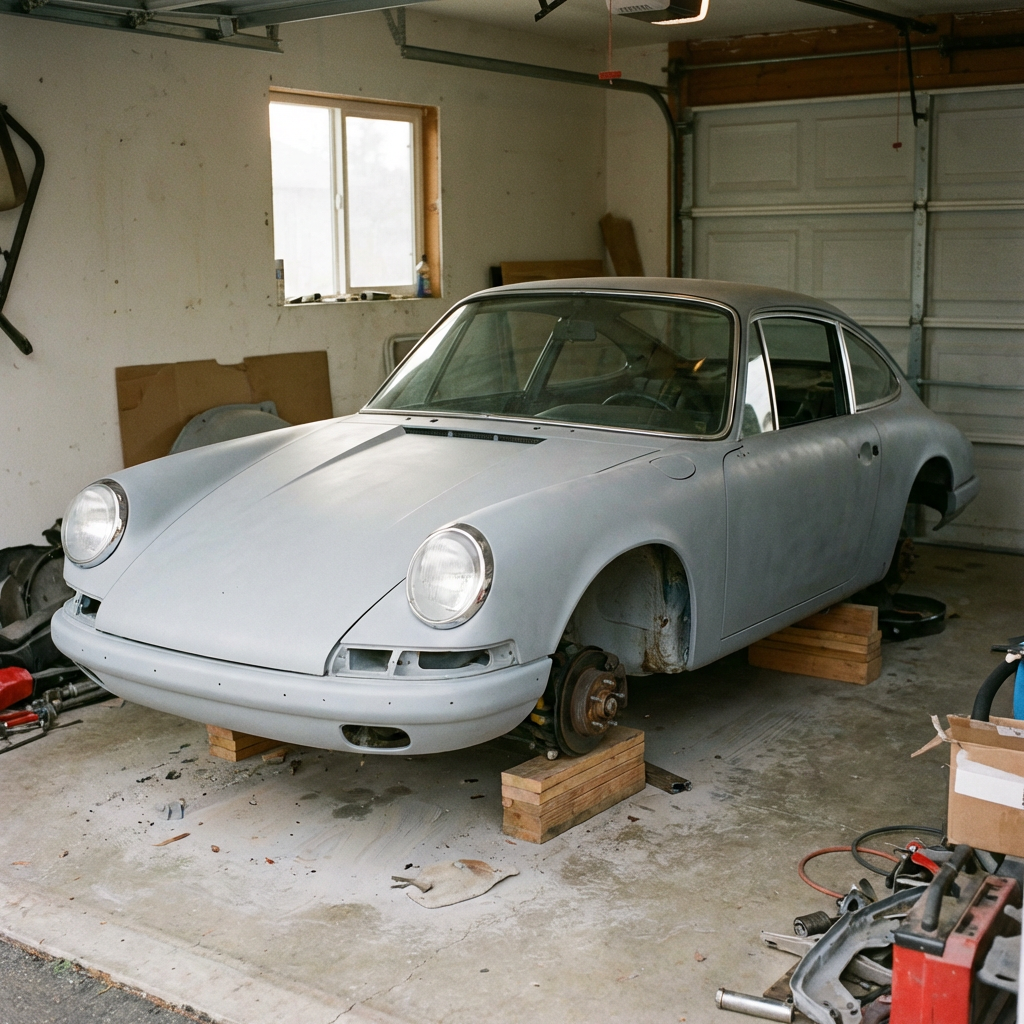 A car body with windows, doors, and headlights but no wheels