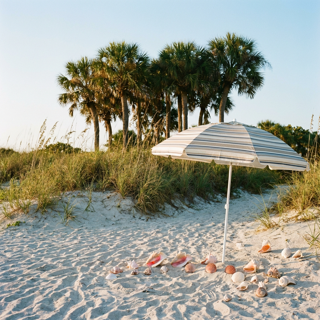 A sandy beach with palm trees, seashells, and a beach umbrel