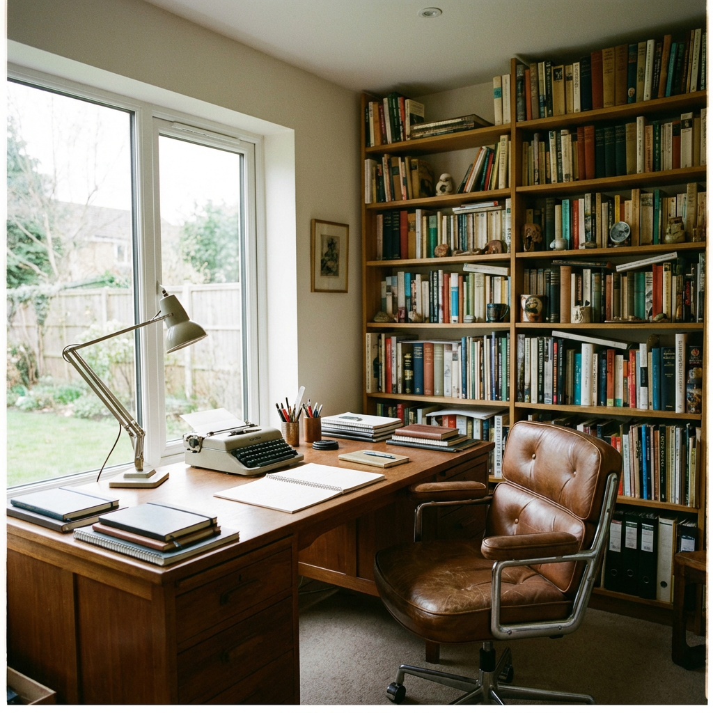 An office workspace with a desk, chair, bookshelf, and lamp 