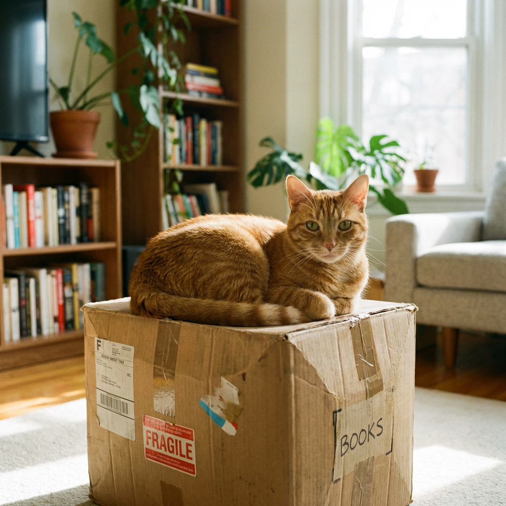 A cat sitting on top of a cardboard box
