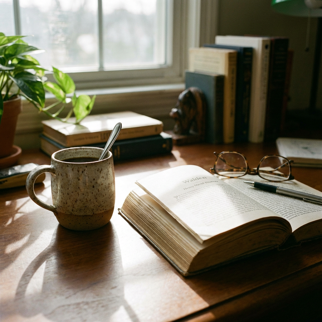 A coffee mug next to an open book on a desk