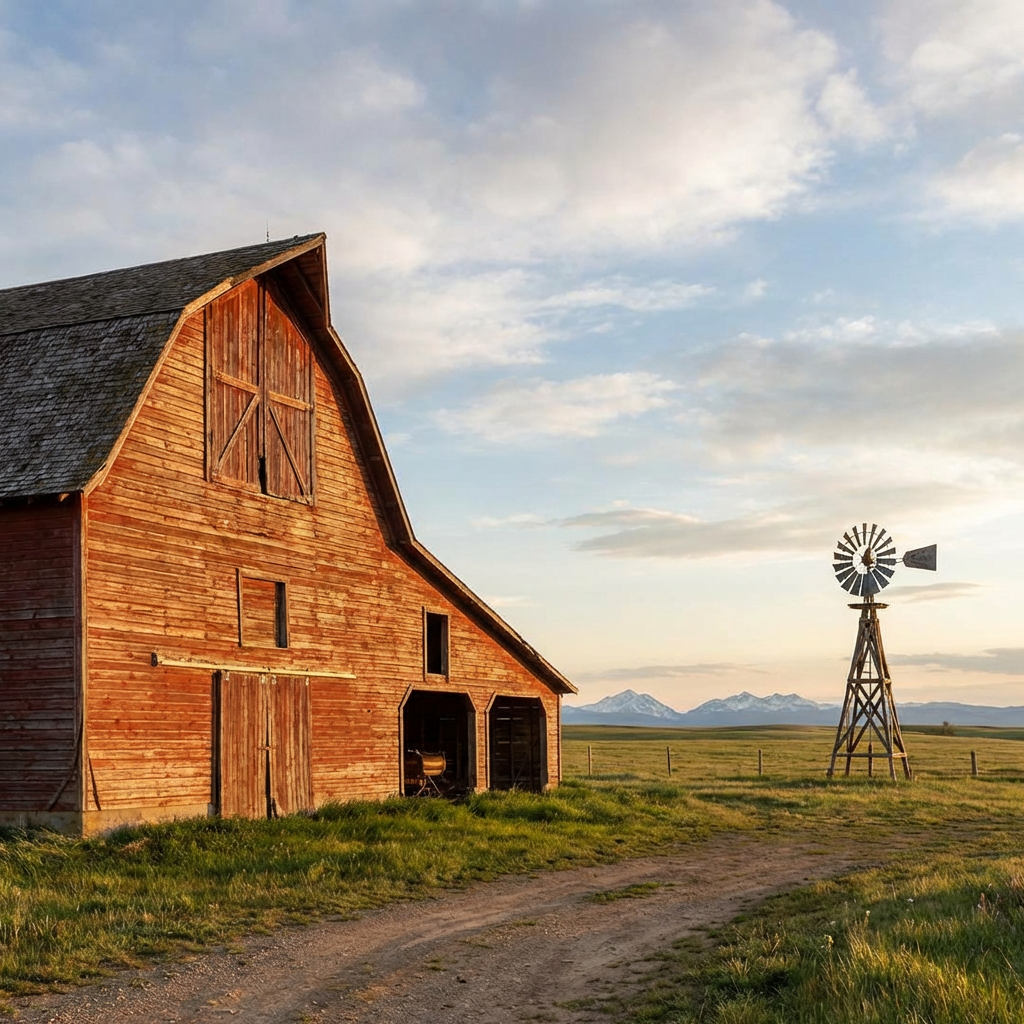 A landscape with a red barn in the foreground at large scale