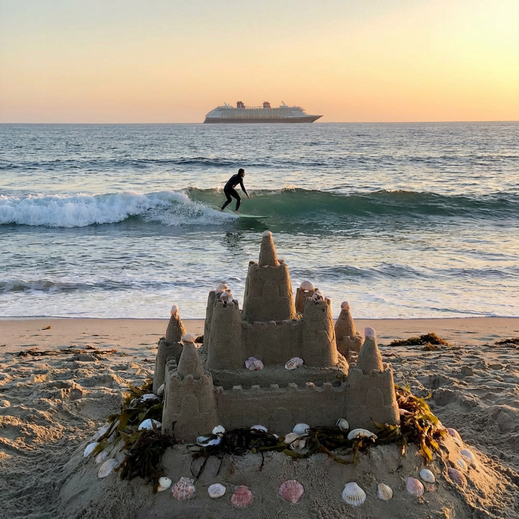 A beach scene with a sandcastle in the foreground, a surfer 