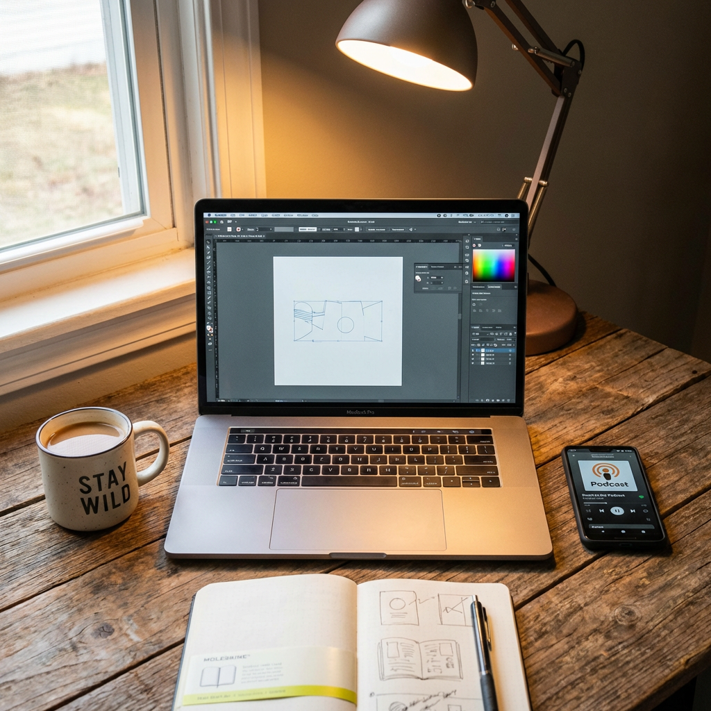 A desk scene: laptop in the center, coffee mug to the left, 