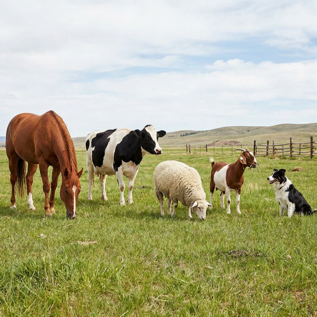 Five animals in a field: a horse on the far left, a cow to t