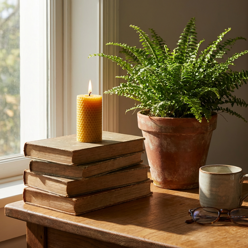 A candle on top of a stack of books, the books next to a pot
