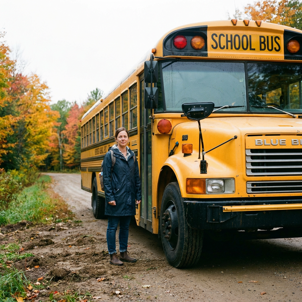 A person standing next to a yellow school bus, showing reali