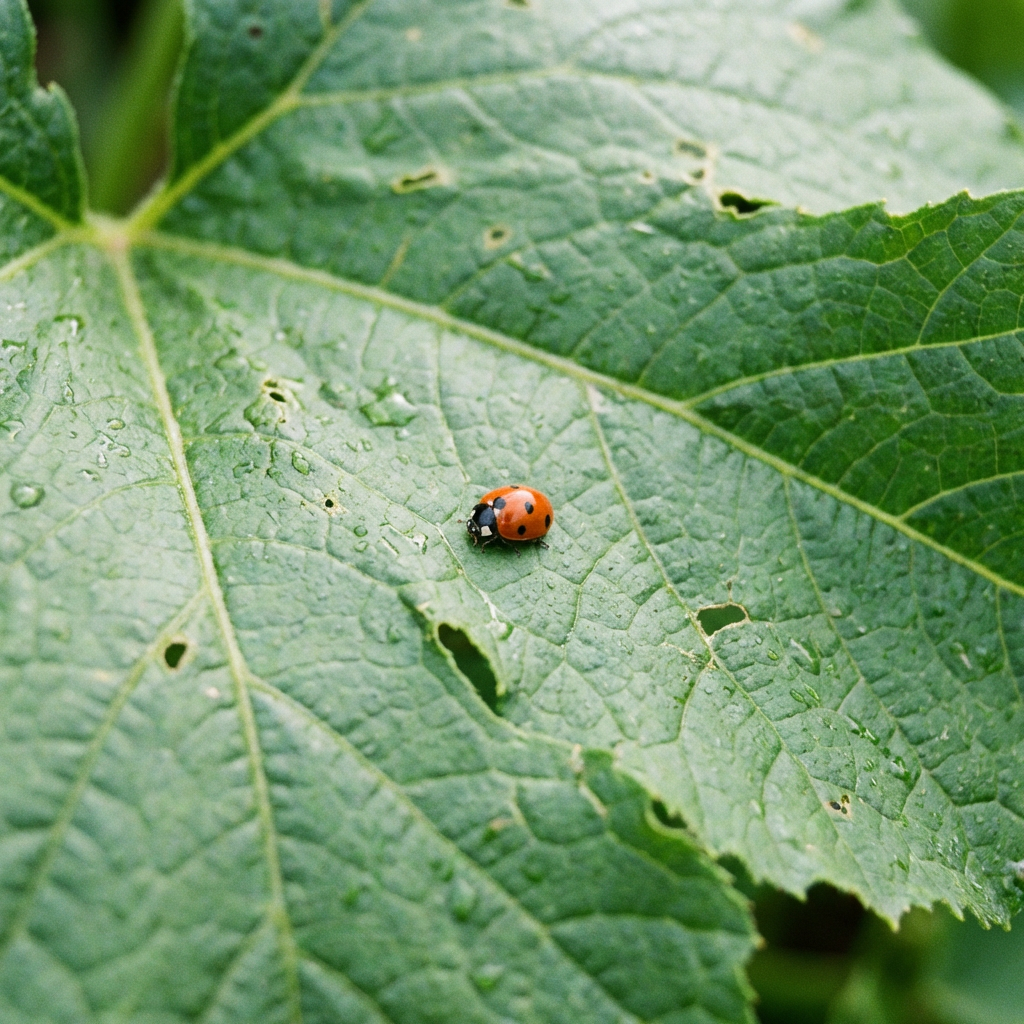 A ladybug sitting on a large green leaf, shown at realistic 