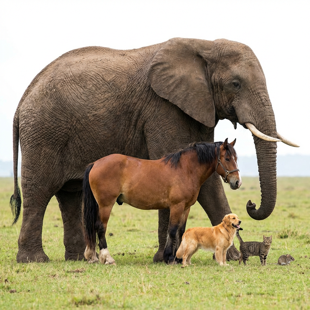 A group photo of an elephant, a horse, a dog, a cat, and a m