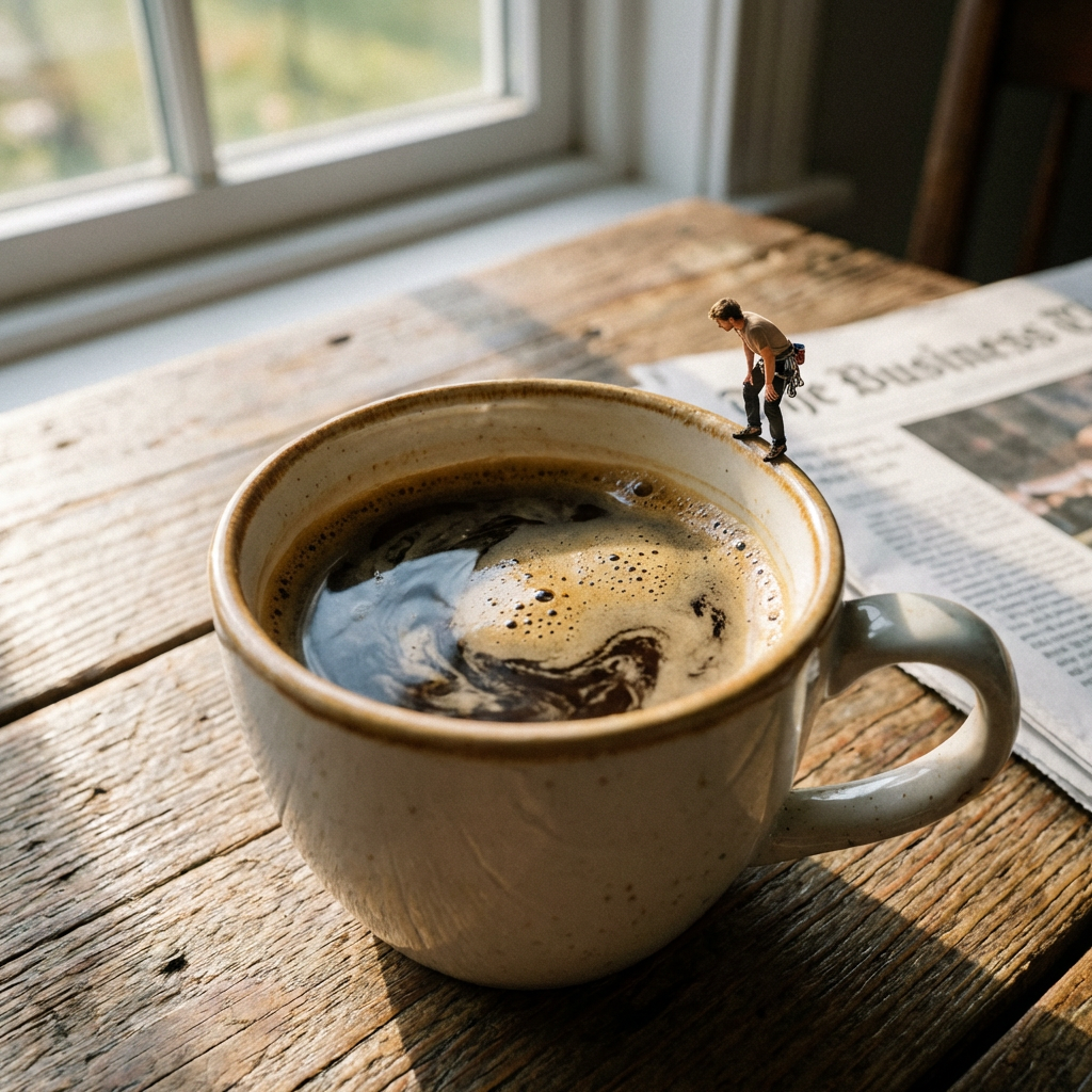 A tiny person standing on the rim of a coffee cup, looking d