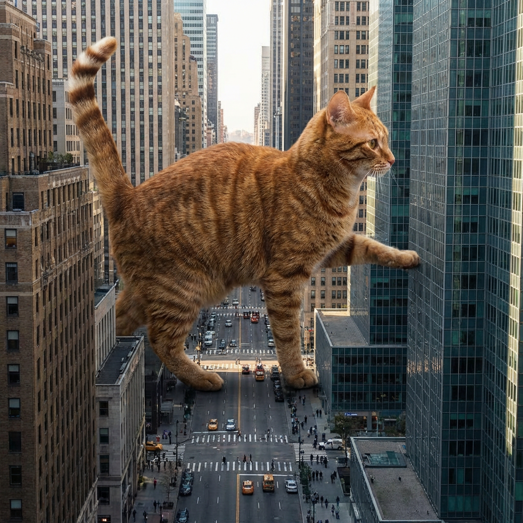 A giant tabby cat walking between city skyscrapers like a ka