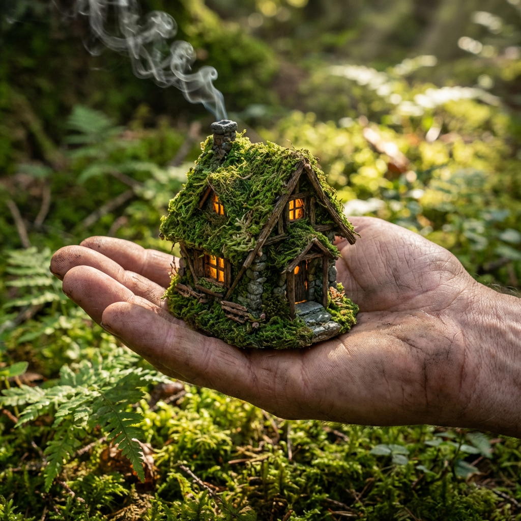 A miniature house sitting on the palm of someone's hand