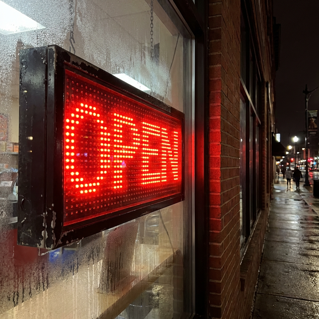 The word 'OPEN' displayed on a red LED sign with glowing pix