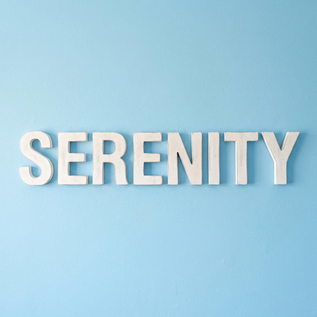 The word 'SERENITY' written large and centered on a solid li