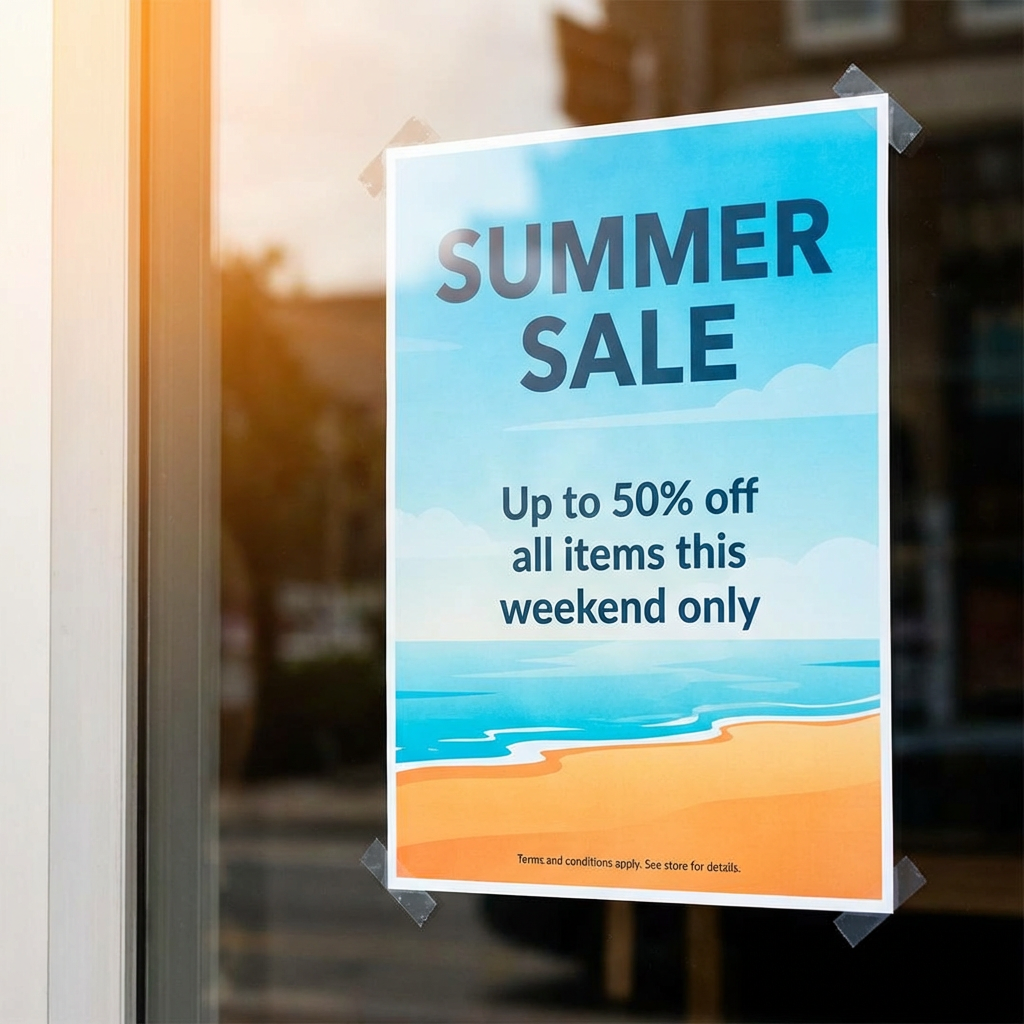 A poster with headline 'SUMMER SALE' in large bold text, bod