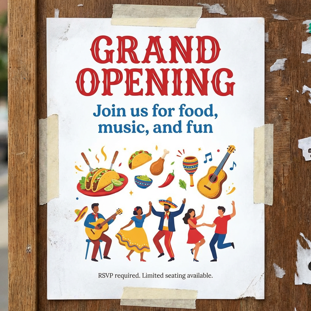 A flyer with large title 'GRAND OPENING', subtitle 'Join us 