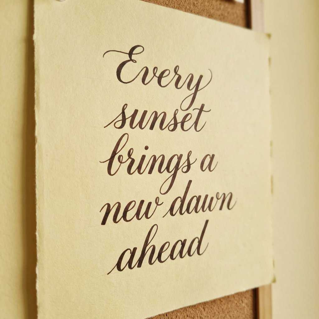 'Every sunset brings a new dawn ahead' written neatly on a p