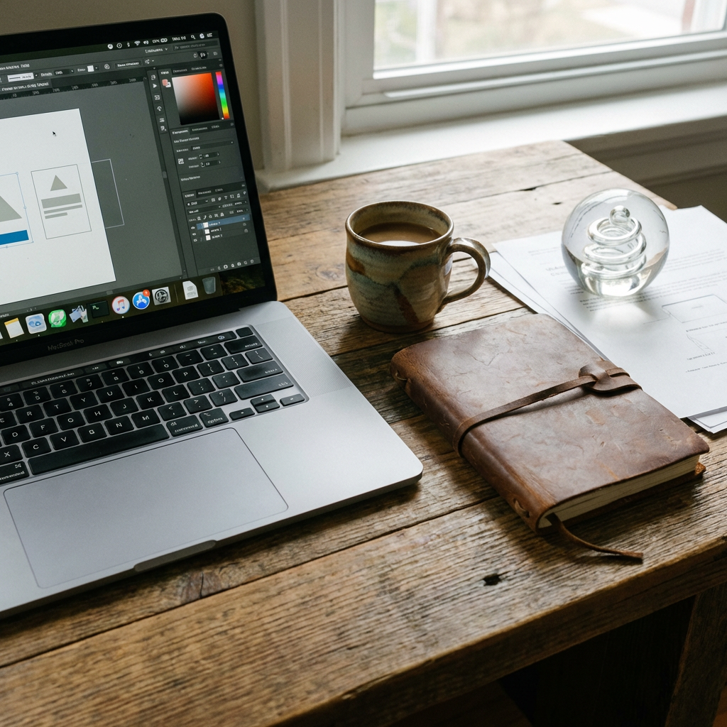 A workspace desk with a brushed aluminum laptop, a leather-b