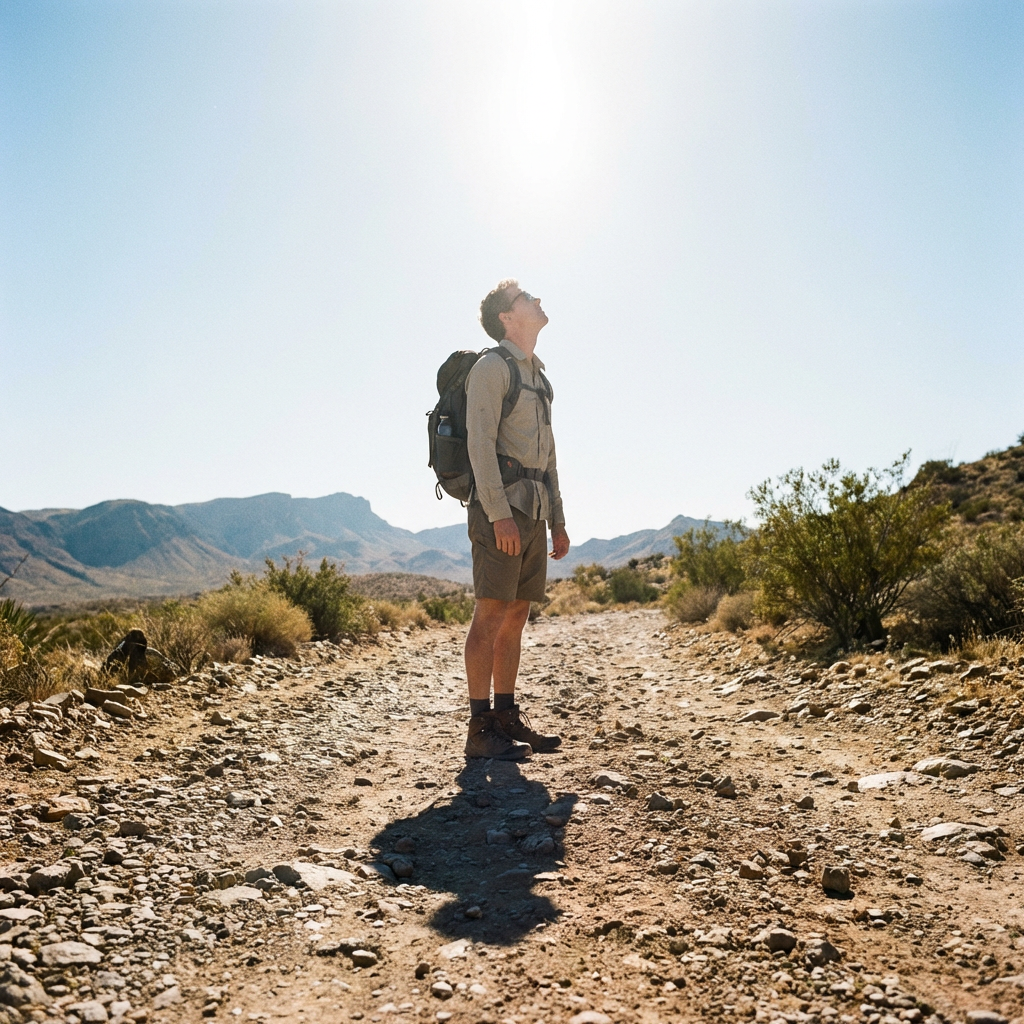 A person standing outdoors at midday with a short shadow dir