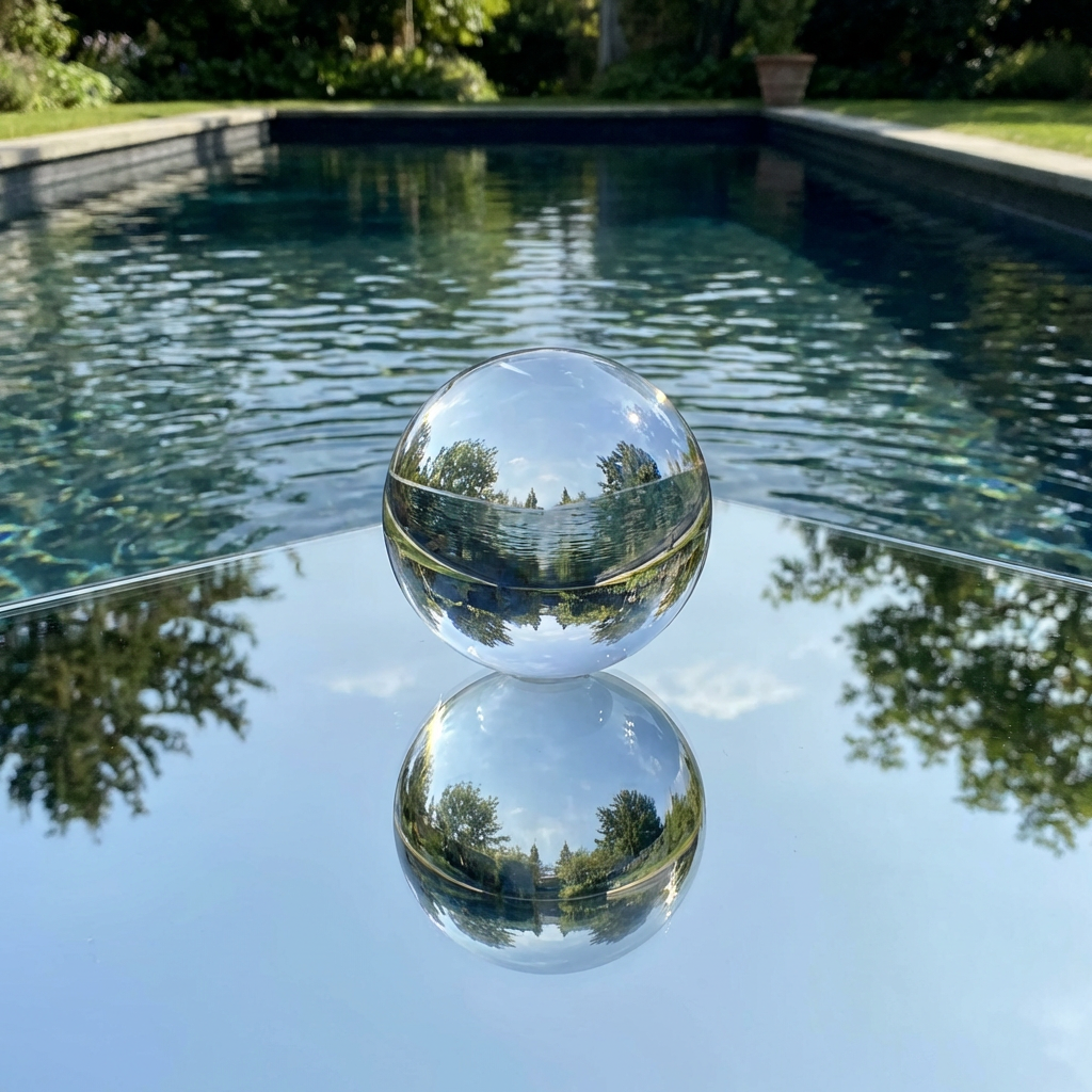 A clear glass sphere sitting on a mirror surface near a pool