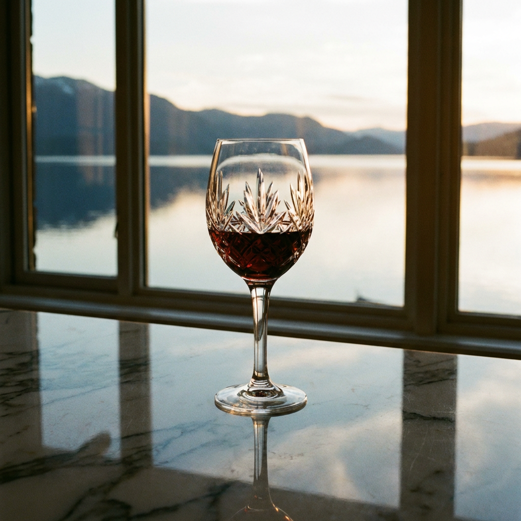 A crystal wine glass on a polished marble counter next to a 