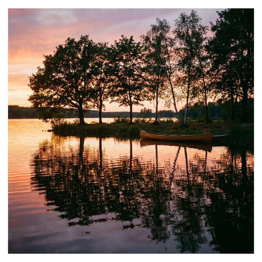 A row of trees reflected in a calm lake at sunset, with the 