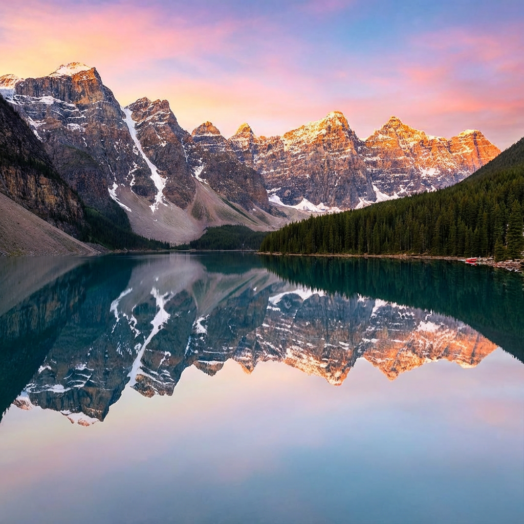 A mountain range reflected in a still alpine lake, with the 